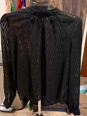 Free People Black Sheer Textured Chevron design back button Blouse Size L